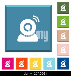 Wireless camera white icons on edged square buttons in various trendy colors Stock Vector