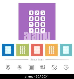 Numeric keypad flat white icons in square backgrounds. 6 bonus icons included. Stock Vector