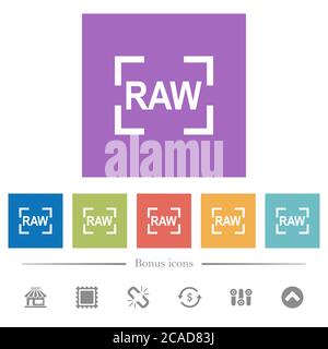 Camera raw image mode flat white icons in square backgrounds. 6 bonus icons included. Stock Vector