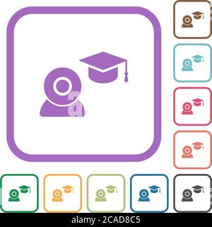 Distance learning simple icons in color rounded square frames on white background Stock Vector