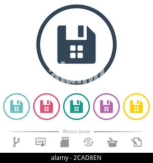 File components flat color icons in round outlines. 6 bonus icons included. Stock Vector
