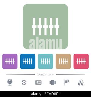 Graphical equalizer white flat icons on color rounded square backgrounds. 6 bonus icons included Stock Vector