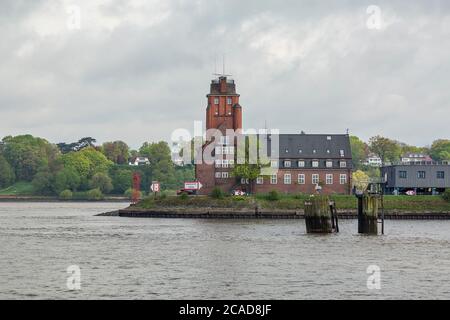 Hamburg - View from River Elbe towards the Pilot-Station guiding the vessels safely into the Hamburg Harbour, Hamburg, Germany, Hamburg, 26.04.2018 Stock Photo