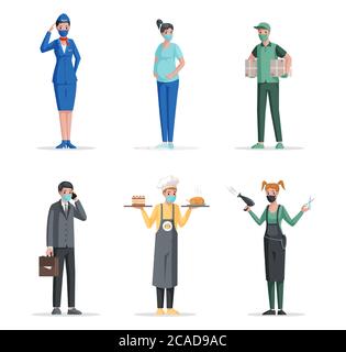 Group of people of different professions in medical mask vector flat concept. Airport and airline worker, pregnant woman, delivery man, businessman, chef, and hairdresser characters. Stock Vector