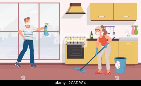 Young couple in protective masks cleaning apartments vector flat illustration. Man and woman disinfect surfaces and wash floors in the kitchen. Protective measures against viruses, Coronavirus. Stock Vector