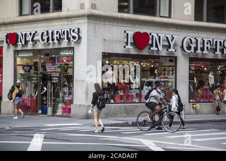 'I Love New York Gifts at the corner of Broadway and Liberty Street in lower Manhattan. Stock Photo