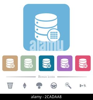 Database table cells white flat icons on color rounded square backgrounds. 6 bonus icons included Stock Vector