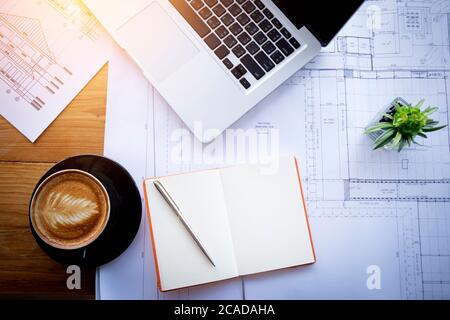 Abstract architectural drawing , sketch , plan background : architecture blueprint for detail of project and modern house on table in modern office Stock Photo