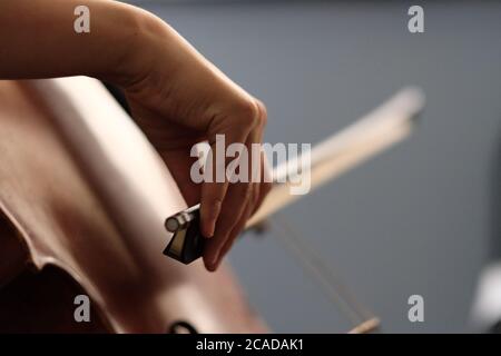 Close up one musician's hand taking a bow, playing brown cello. Daylight reflection on wood. Blurred background Stock Photo