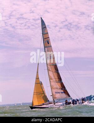 Yachts competing on the last leg of the 1997-1998 Whitbread Round the World Race racing in The Solent approaching the finish line at Southampton, England, UK -
