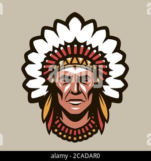 Indian chief in headdress of feathers. Warrior symbol or mascot Stock Vector