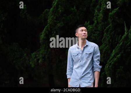 one Asian young man in tint blue jeans shirt, standing in front of green pine trees. dark blur background. Stock Photo