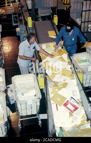 Austin Texas USA: Hispanic and Anglo male postal workers sort mail by hand at bulk mail processing table inside U.S. Post Office facility. ©Bob Daemmrich Stock Photo