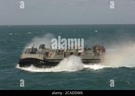 Port Aransas, TX January 15, 2006: During the maiden voyage of the USS San Antonio (LPD-17) amphibious transport dock after her commissioning ceremony, a Landing Craft Air Cushion (LCAC) capable of carrying 100 troops into battle, is demonstrated in the Gulf of Mexico. ©Bob Daemmrich Stock Photo