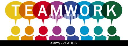EPS vector illustration of eight different colored team people with speech bubbles over their head and text teamwork Stock Vector