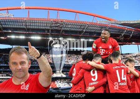 Madrid, Spanien. 24th May, 2014. PHOTO ASSEMBLY Preview of the Champions League round of 16 FC Bayern Munich-FC Chelsea on 08.08.2020. FC Bayern is one of the top favorites at the Chamipons League tournament in Lisbon. Hans Dieter Flick (Hansi, coach FC Bayern Munich) and his team want to break in the triple. Archive photo: opening ceremony, opening, cup floating in the stadium. Soccer Champions League Finale 2014/Real Madrid-Atletico Madrid 4-1 na season 2013/14, Estadio da Luz. | usage worldwide Credit: dpa/Alamy Live News Stock Photo