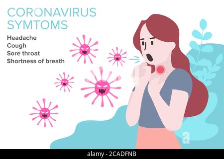 Sign Infographic with Cartoon has Cough, Fever, Sore Throat and Cold in Coronavirus or Covid-19 Outbreak. Stock Vector