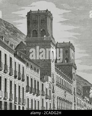 Spain, Alicante. City Council. Baroque civil building erected during the 18th century, designed by the architect Lorenzo Chápuli. Engraving by Sierra, 19th century. Illustration by Letre. Cronica General de España. Historia Ilustrada y Descriptiva de sus Provincias. Valencia, 1867. Stock Photo