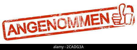 red grunge stamp with frame, big thumbs up and text ACCEPTED (in german) Stock Vector
