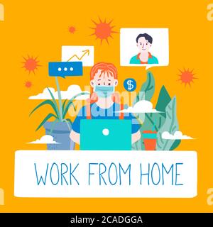 Work from home during outbreak of the COVID-19 virus. People work at home to prevent virus infection. Vector Illustration Stock Vector