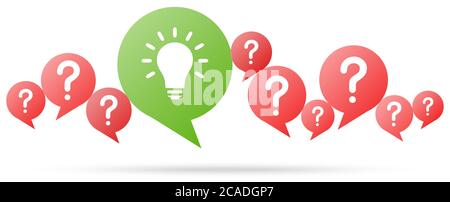 speech bubbles with red question marks and with green light bulb symbolizing idea or solution Stock Vector