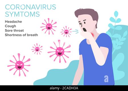 Sign Infographic with Cartoon has Cough, Fever, Sore Throat and Cold in Coronavirus or Covid-19 Outbreak. Stock Vector