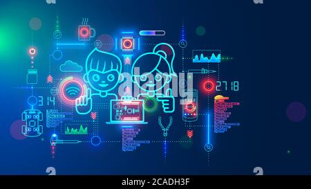 Electronics engineering and hardware programming learning for teens. Boy and Girl coding on laptop in online school for child education of creating Stock Vector
