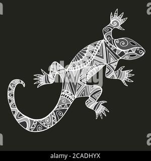 Decorative Lizard with abstract patterns, in black white gray color, isolated on black background. Stock Vector