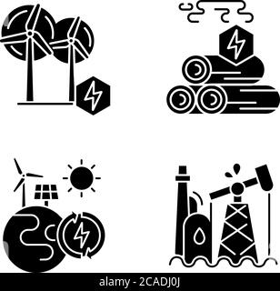 Traditional and alternative energy black glyph icons set on white space. Wood energy, oil refinery and renewable power stations silhouette symbols. Na Stock Vector
