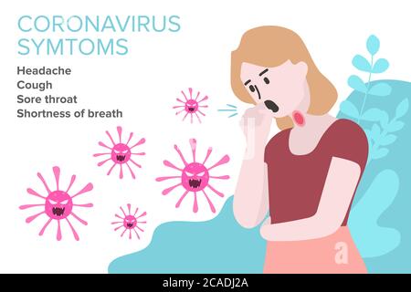 Sign Infographic with Cartoon has Cough, Fever, Sore Throat and Cold in Coronavirus or Covid-19 Outbreak. Stock Vector