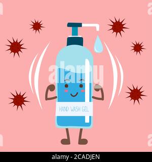 Hand wash gel vector. Hand wash gel character design. Hand wash gel and Bacteria, vector illustration. Stock Vector