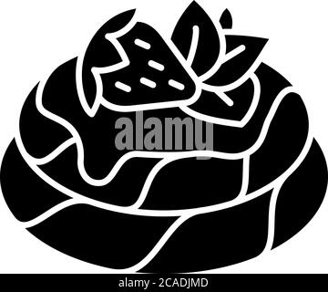 Pavlova black glyph icon. Meringue based dessert with strawberries and whipped cream. National Australian cuisine. New Zealand cuisine. Silhouette sym Stock Vector