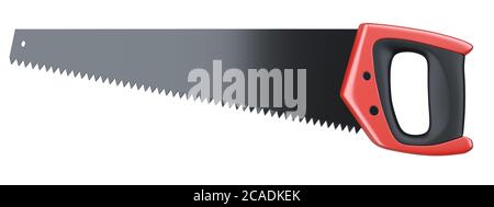 Hacksaw hand on wood with a plastic handle. 3d close-up illustration isolated on a white background. Stock Photo