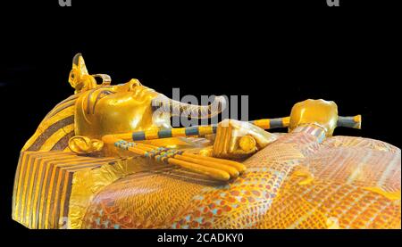 Egypt, from Tutankhamon tomb in Luxor :  The second coffin. The body is covered with feathers, reminding the Rishi coffin type. Stock Photo