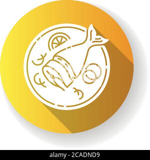 Soused herring yellow flat design long shadow glyph icon. Sliced raw fish. Japanese dish. Salmon piece on crockery. Asian fresh meal for nutrition. Co Stock Vector