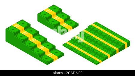 Isometric banknote stairs set. Money steps or cash pyramids collection. Cash flow stairs vector illustration Stock Vector