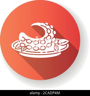 Polvo red flat design long shadow glyph icon. Portuguese octopus meal. Traditional dish with fresh seafood. Oriental cuisine. Ingredient for recipe. R Stock Vector