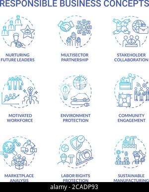 Responsible business blue gradient concept icons set. Nurture future leader. Environment protection. Sustainable development idea thin line RGB color Stock Vector