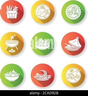Restaurant dishes flat design long shadow glyph icons set. Fish and chips. Moules frites. Falafel dish. French crepe. Soused herring. Asian seafood. K Stock Vector
