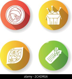 Fast food flat design long shadow glyph icons set. French crepe. Shawarma for take away. Georgian khachapuri. Tandoori chicken. Fried junk food for ta Stock Vector