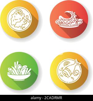National dish flat design long shadow glyph icons set. Soused herring. Mussels and chips. Octopus dish. Moules frites. Portuguese polvo. Restaurant me Stock Vector