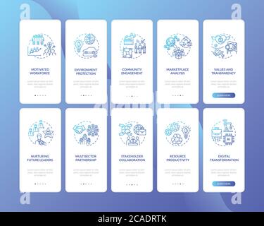 Environmentally safe production onboarding mobile app page screen with concepts. Ethical development walkthrough 5 steps graphic instructions. UI vect Stock Vector