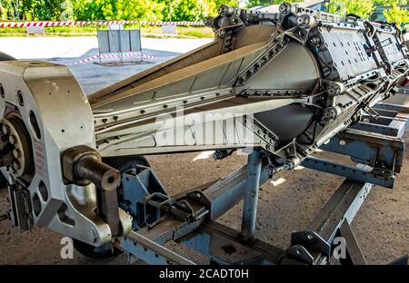 POLTAVA, UKRAINE - OCTOBER 19, 2019: Missile System of the lavaliere of the rockets. Supersonic strategic bomber-rocket carrier Tu-160. Museum Strateg Stock Photo