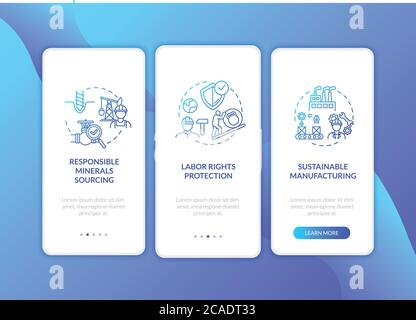 Responsible sourcing onboarding mobile app page screen with concepts. Protection from pollution walkthrough 3 steps graphic instructions. UI vector te Stock Vector