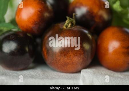 Healthy organic tomatoes Paradise apples on white background. Colorful tomato on a table. Stock Photo