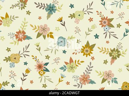 Autumn floral seamless pattern. Cute hand drawn flowers, leaves and branches with fall color. Vector illustration. Stock Vector