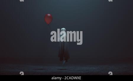 Floating Evil Spirit of a Child with a Red Balloon in a foggy void 3d Illustration Stock Photo