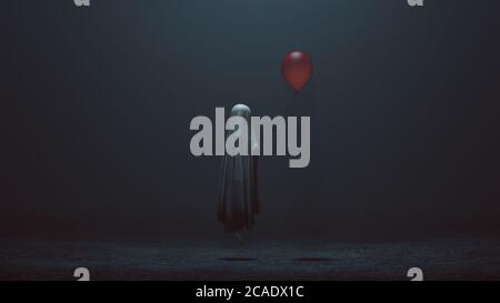 Floating Evil Spirit of a Child with a Red Balloon in a foggy void 3d Illustration Stock Photo