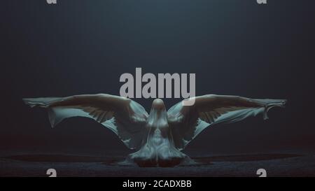 Evil Spirit with Wings Sitting Down Leaning Back in a Foggy Void 3d Illustration Stock Photo