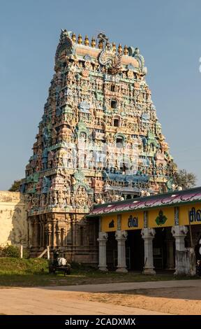 Kumbakonam, Tamil Nadu, India - February 2020: The tall, ornate gateway ...